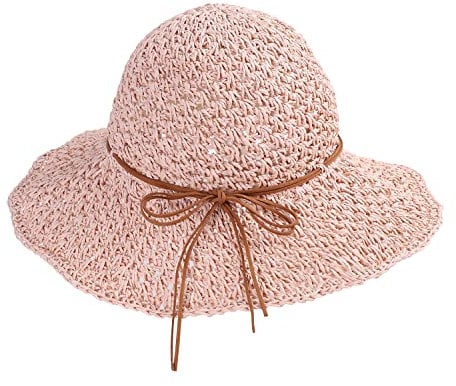 Womens Sun Straw Hat Ladies Foldable Straw Hat Summer Wide Brim Travel Beach Cap Packable UPF50 UV Protection Comfortable Breathable Sun Visor Cap with Bowknot Adjustable Strap for Outdoor Activities