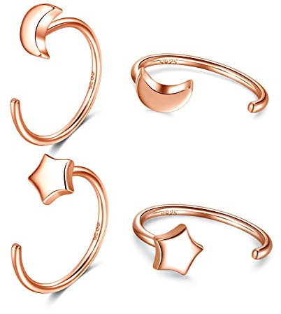CHIC & ARTSY Halbe Ohrringe Rose Gold Plattiert 925 Sterling Silber Mond Stern Halbmond Offene Kleine Huggie Hoop Ohrringe für Frauen 2 Paar