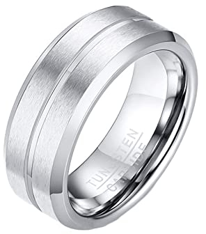 Lieson Wolfram Ringe Silber, Hochzeitsringe Herren Gebürstet 8MM Rund Mit Linie Ring Gravur Personalisiert Größe 62 (19.7)