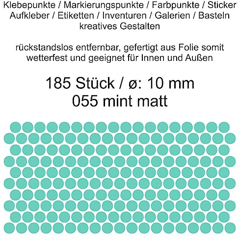 Aufkleber Etiketten Klebepunkte aus Folie 185 Stück mint matt rund 10 mm selbstklebend farbig wetterfest Decal Markierungen Organisieren DIY basteln verzieren Modellbau Scrapbooking