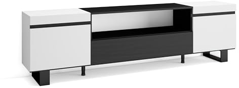 Skraut Home | TV-Schrank, Lowboard | für Wohnzimmer und Esszimmer | 200x57x35cm | Für TV-Geräte bis zu 80 | Industriedesign | Moderner Stil | Weiß und Schwarz