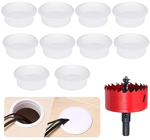 Kabeldurchführung Schreibtisch, 10 Stück 60mm Kabeldurchlass mit 1 Lochsäge,Kabeldurchlass Weiss mit Lochsäge aus Metall, Tisch Kabeldurchführung Rund für Tisch Büro Arbeitsplatten kabelmanagement