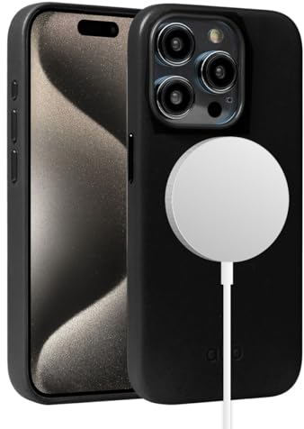 alto Magnetische Lederhülle kompatibel mit iPhone 15 Pro und MagSafe, CLOP Series Drop Protective Italian Leather Cover (6.1 inch, Raven Black)