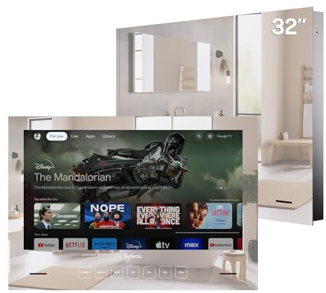 SYLVOX 32 inch Bathroom TV, 12V Smart Magic Mirror TV Compatible with Google TV, Support 1080P Smart Casting 500 nits Brightness, IP65 Waterproof Television for Bathroom Hotel Gym Sauna (Embedded)