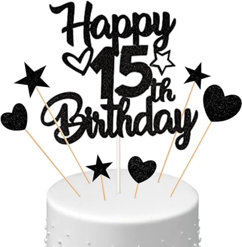 Conruich Tortendeko 15. Geburtstag Jungen, Kuchendeko Happy 15th Birthday Schwarz, Glitzer Kuchen Topper 15. Geburtstag Ballons Konfetti Papierfächer für Geburtstagstorte Deko 15 Jahre Junge Mädchen