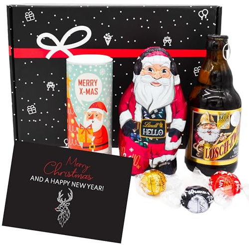 Geschenkset „Bier & Christmas“ | Weihnachten Geschenkkorb gefüllt mit Bierspezialität, Hello Nikolaus & Lindt Lindor Schokolade | Geschenkbox für Männer, Kollegen, Papa