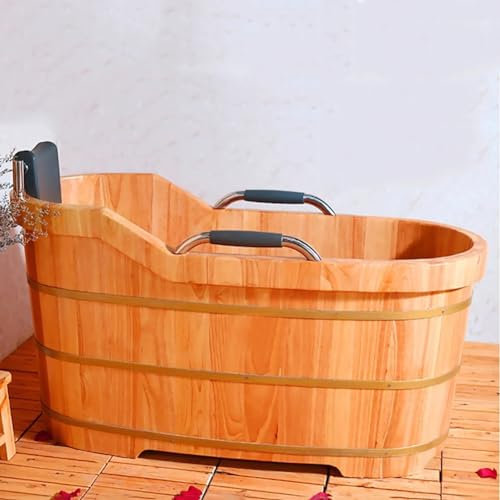 MegLob Holz Freistehende Badewanne Für Erwachsene, Massivholz-Spa-Einweichenwanne Mit Armlehnen, Zeitgenössischer Tiefen Soaker Allein Mit Abfluss Und PU-Kopfstütze,Cypress,160cm/62.99
