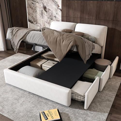 MQLAE Boxspringbett Polsterbett 140x200, Hydraulisches Bett mit Bettkasten und 3 Schubladen, Bettgestell mit Lattenrost aus Holz, Verstellbares Kopfteil, Stauraumbett, Kopfteil Bett, Samtstoff, Weiß