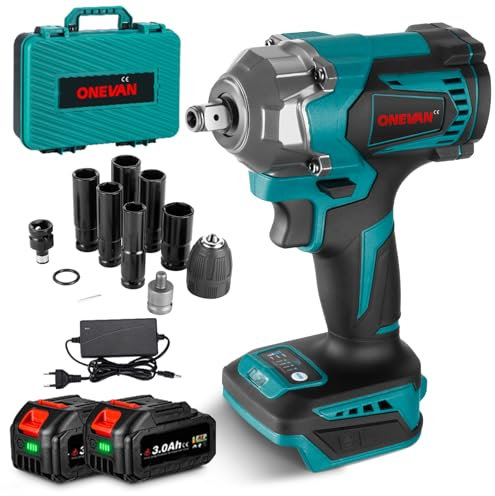 ONEVAN avvitatore a impulsi a batteria, 700Nm 1/2 avvitatore ad impulsi elettrico con 2x3.0Ah batteria, 4 velocità, brushless chiave a percussione senza fili, pistola a impulsi incluse 6 bussola