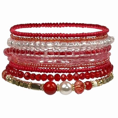 APMGONT Bohemian Beaded Multi-Layer Armbänder Set - Stackable Stretch Strand Crystal Bangles - Boho Handmade Schmuck Geschenke für Frauen Mädchen (Rot)
