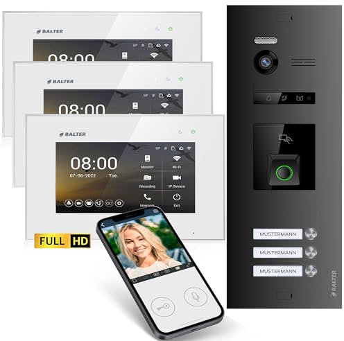 Balter EVO-HD Video Türsprechanlage mit Fingerprint, Video Türklingel, Smartphone App, 3 Familienhaus, 3X 7 Zoll Monitore, Türklingel mit Kamera Full HD, 2 Draht Bus, 175° Weitwinkel, RFID,1080P