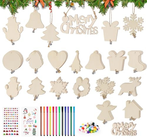 BLISSIQUEE Holzanhänger Weihnachten, 64 Stück Glocke Weihnachtsbaumschmuck Holz Bastelset, Weihnachtsmuster Weihnachtsanhänger Holz Weihnachtskugeln zum Bemalen DIY Baumschmuck Weihnachtsdeko