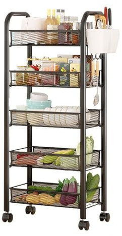 5 Tier Metal Multipurpose Wheeled Storage Basket Trolley Utility Cart, Fruit Vegetable Trolley Basket Rack Kitchen Storage with Wheels, Storage Rack Organizer Fruit Basket for Fruits Vegetables Snack