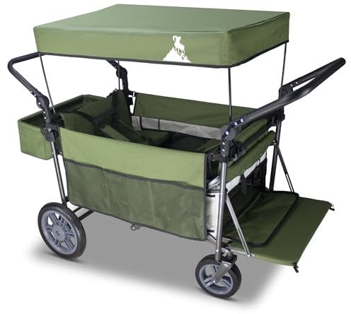 TOPWELL Faltbarer Bollerwagen 180L bis 120kg mit 2 klappbare Sitze/Dach/Bremse,Handwagen Transportwagen klappbar belastbar mit PU Räder (Grün/Beige)