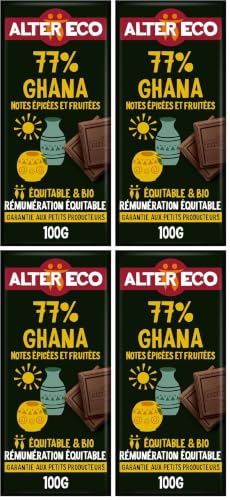 ALTER ECO - Tablette Chocolat Noir 77% - Notes Intenses Et Fruitées - Bio & Équitable - Sans Lécithine - Origine Ghana - 100 g (Lot de 4)