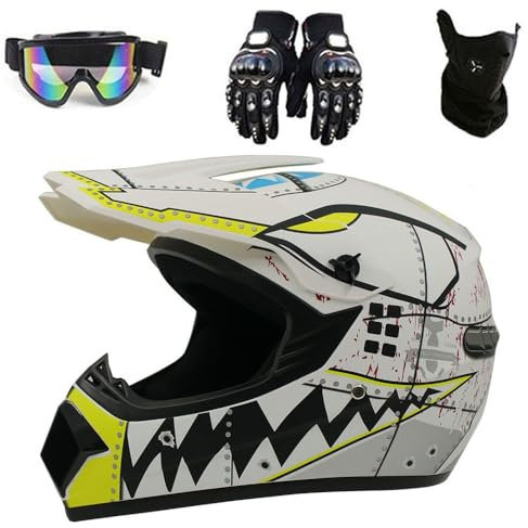Motocross Helm Motorrad Crosshelm Set mit Brille Handschuhe Maske Motorrad Netz Integral MTB BMX Helm Motorradhelm Herren für Quad ATV Downhill Sport DOT-zugelassen(Blue,XL (58-59cm))