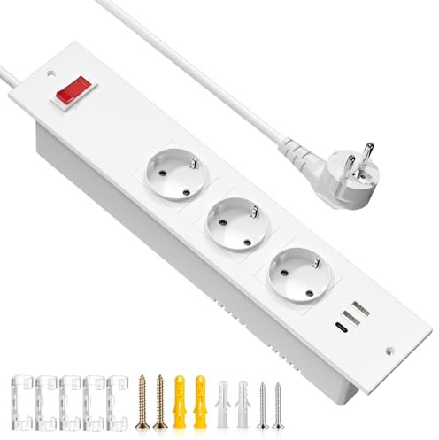 Versenkbare Steckdose mit USB, 3 Fach Einbausteckdose mit USB-C und 2 USB-A, Tischsteckdose mit Hauptschalter, Steckdosenleiste mit 3-USB, Weiß mit 5-Kabelklammer für Küche Büros Sofa