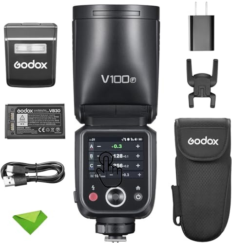 Godox V100 V100-F 100Ws TTL-Blitz für Fuji-Kameras, 1/8000 HSS, 400 Blitze mit voller Leistung, 1,7 s Wiederaufladezeit, 2,4 G kabellos mit externem Blitz, Touchscreen-Blitz für Fuji (Godox V100F)