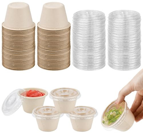 LPAMABA 50 Pcs Pot de Sauce en Plastique 100ml Gobelets Carton avec Couvercle Boîtes de Alimentaires Petit Pot Conservation Boîte Sauce Alimentaire Recipient Sauce Salade pour Noix Confiture, brun