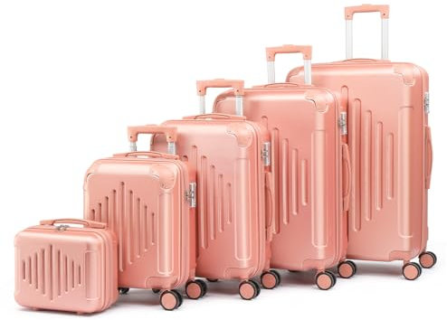 LALAHO Kofferset 5 teilig, Reisekoffer Set mit Kosmetikkoffer, Hartschalen Koffer Set aus ABS, Gepäckset mit Schminkkoffer, Handgepäck mit Eckenschützern, Roségold