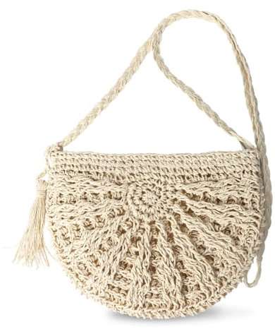 Strohtasche Damen Stroh Handy Umhängetasche Klein Gestrickte Schultertasche Sommertasche Strandhandtasche Böhmische Kleine Geldbörse Handgewebt Strandtasche für Damenreisen Urlaub (Weiß)