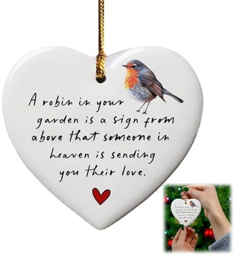 A Robin in Garden Heart Ornament,Robin Memorial Gifts Hearted,Robin Sympathy Gift,Bereavement for Loss Lo Ornaments Ornament,Robin Christmas Decorations,Robin Ornaments,Garden Ornaments,Robin Gifts