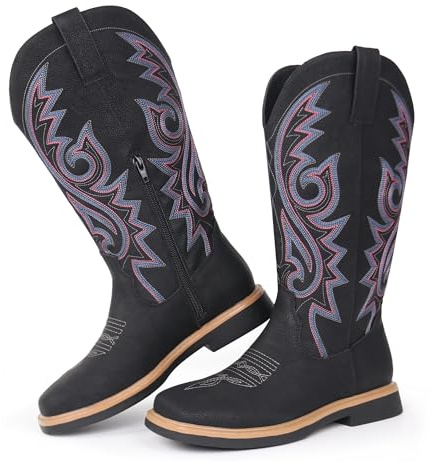 Hawkwell Stivali da cowboy da donna con punta quadrata, cerniera laterale, ricamati, tacco basso, stivaletti western a metà polpaccio, Nero , 41 EU