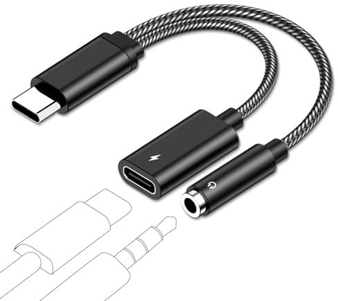 Adaptador USB C a Jack 3.5 mm, 2 en 1 Adaptador Tipo C Auriculares Audio Carga Rápida PD 60W y Micrófono Aux Compatible con iPhone 15 16 Plus Pro MAX Galaxy S25+/25/24/23 Xiaomi Huawei