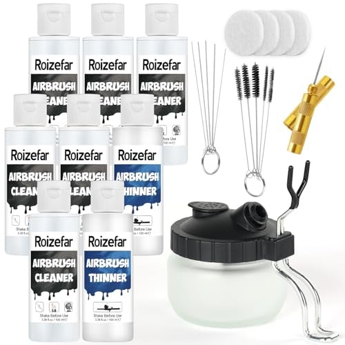 Roizefar - Kit de limpieza para aerógrafo, 6 limpiadores de aerógrafo y 2 diluyentes (100 ml cada uno) con tarro de limpieza de vidrio, elimina eficazmente la pintura acrílica a base de agua, kit de