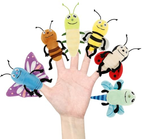 6 Stück Fingerpuppen Set für Kinder, Realistische Weiche Wildtierkopf Handpuppen mit Schmetterling & Marienkäfer, Spielzeug für Weihnachten Oster Kinderparty Mitbringsel Geschenk (Insektenfingerpuppe)