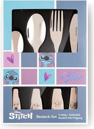 Stitch Kinderbesteck Set 4-teilig Edelstahl, spülmaschinenfest | Messer, Gabel, Suppenlöffel und Teelöffel – Motiv geprägt, rostfrei, spülmaschinenfest, ab 3 Jahren