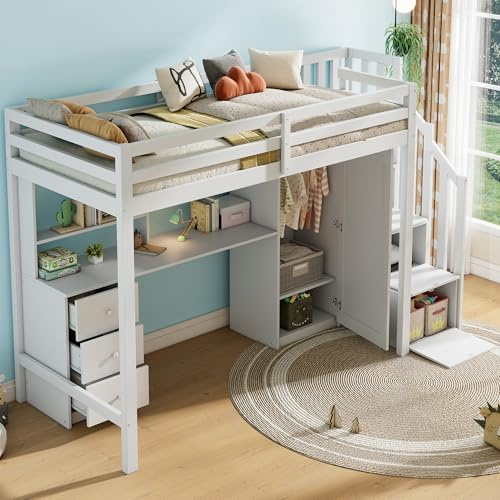 ModernLuxe Kinder Hochbett Kinderbett 90x200cm,Treppe & Treppenschrank,Schreibtisch und Kleiderschrank, Doppelstockbett mit Schubladen,Weiß,ohne Matratze