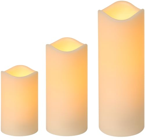 Bock op Kölle LED Kerzen für Außen 3er Set mit Timer – Wetterfeste Outdoor Echtwachs-Optik Kerzen, warmweiß flackernde Flamme, Batteriebetriebene Deko für Garten, Balkon & Laterne