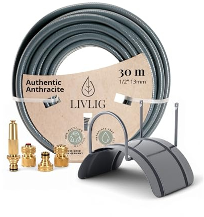 LIVLIG Gartenschlauch 30 m Set Anthrazit, Premium Wasserschlauch 1/2 Zoll | Bewässerungsset mit Messing Gartenspritze, Hahnanschluss G3/4, Wasserstopp, Schnellkupplung 1/2 Zoll & Wandschlauchhalter