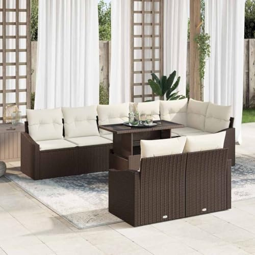 Mandloder Garten-Sofa-Set mit Kissen, 9-teilig, Braun und Creme, modulare Rattan-Sitzgruppe für Terrasse, Balkon, Garten, Outdoor-Möbel