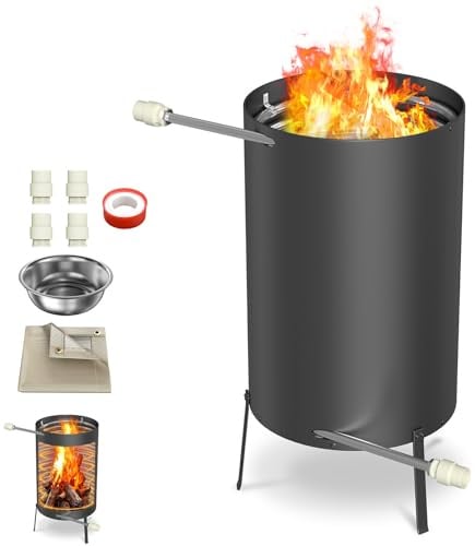LZQ Poolheizungen mit Feuer und Heizspirale,Outdoor Poolofen, Edelstahl Schwimmbadheizung mit Ø32/38mm Anschlüsse Brennholz Pool Heizung 28L Feuertonne Holz, Schwarz, 1 Stück