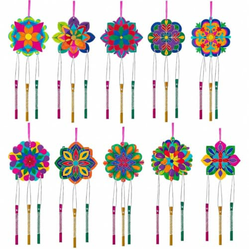 10 Stück Windspiel Windspiele für Erwachsenen Mandala Windspiel Deko Garten (Holzfarbe-Mandala)