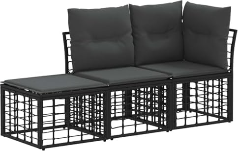 vidaXL Outdoor-Sofagarnitur mit Kissen 3 pcs Schwarz Polyester, Patio-Sitzgruppe, wetterfestes Möbelset, modulare Couch, Gartensitz, Lounge-Möbel