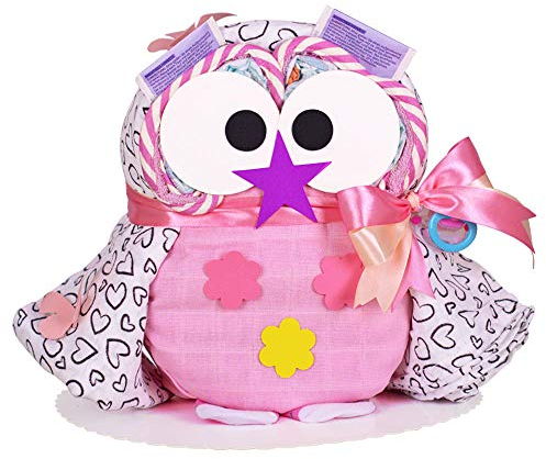 MomsStory - Windeltorte Mädchen | Windel-Eule Windelgeschenk | Baby-Geschenk zur Geburt Taufe Babyparty | Babytorte (Rosa) Geburtsgeschenk