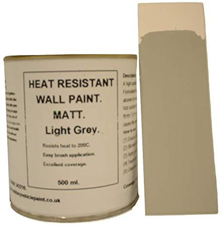 Fascinating Finishes Ltd 1 x 500ml Matt Light Grey Heat Resistant Wall Paint. Wood Burner Stove Alcove. Brick, Concrete, Plaster, Cement Board, Rendering, Metal, Timber etc.
