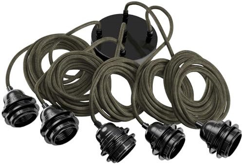 Hoopzi - Suspension Luminaire 5 Ampoules - 3,5m - Câble en Lin - Lustre pour Salon, Cuisine, Chambre - Modèle Hang 5 Lin Kaki