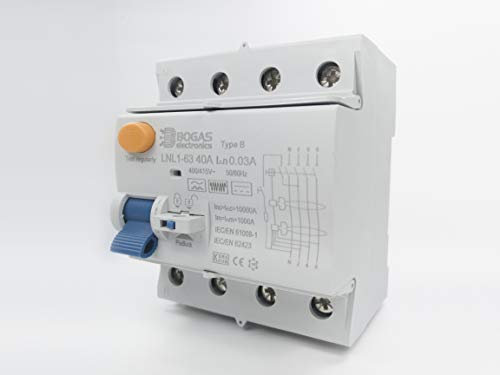 BOGAS ELECTRONICS Interrupteur Différentiel 40A de classe/type B, 4P (3P+N), 30mA et 10kA