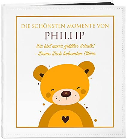 Maverton Fotoalbum zum Selbstgestalten mit Aufdruck - für 240 Fotos 10x15-60 schwarze Seiten - Größe 33x30cm - Weiß - personalisierte Geschenke für Baby zur Taufe Geburt - Geburtstagsgeschenk