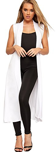 WearAll Women's Sleeveless Maxi Long Length Boyfriend Cardigan Collar Long Floaty Duster Jacket Coat Blazer Waistcoat - White - 24-26