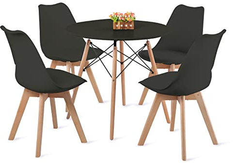 H.J WeDoo Esstisch Rund mit 4 Eiche Stühlen Küchentisch Wohnzimmertisch Holztisch Tisch Set für Wohnzimmer Küche Büro Schwarz