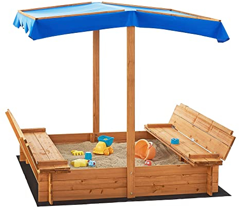[en.casa] Bac à Sable Carré avec 2 Bancs Rabattables Couverture de Protection et Toit Imperméable Auvent Extérieur pour Enfants Solide Sapin Polyester Polyéthylène 120 x 120 x 120 cm Naturel Bleu Noir