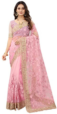 CRAFTSTRIBE Net Sari Rosso Pesante Resham e Zari Ricamo Lavoro Sari con Camicetta Non Cucita, Rosa, Taglia Unica