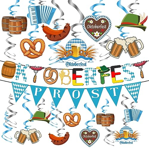 Oktoberfest Deko 32 Stk. Bayrische Hängedeko Garten Oktoberfest Girlande Bayerische Luftschlangen Bayern Bier Deko