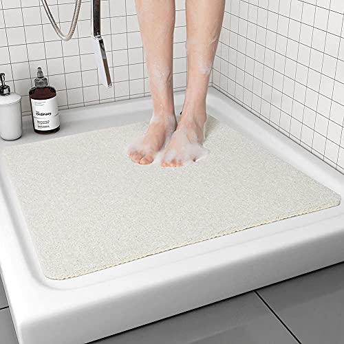 MORROWCAMP Tapis de Douche Antidérapant, 80 x 80 cm Tapis de Bain Carré en Luffa avec Drain, Tapis de Salle de Bain à Sol Mouillé, Tapis de Douche en PVC, Séchage Rapide (Blanc)