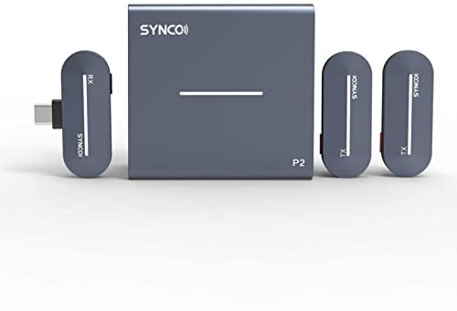SYNCO P2T Lavalier Mikrofon 2.4G Drahtloses Mikrofonsystem mit 2 * Sendern + 1 * Typ-C-Empfänger + 1 * Kabellosem Ladekoffer 150 m Reichweite Eingebauter Akku für Vlog Smartphone Interview